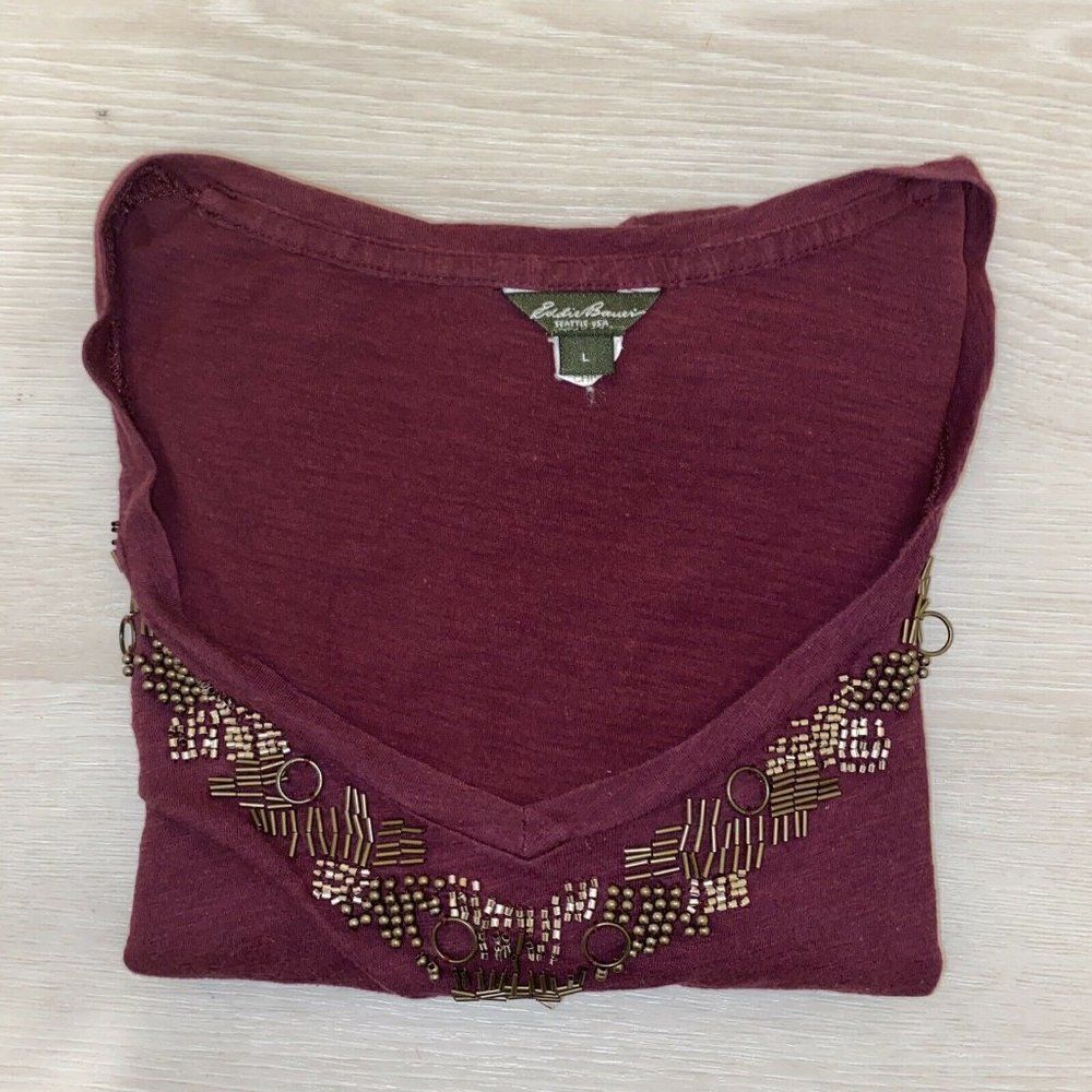 Eddie Bauer Maroon Beaded Short Sleeve Top L